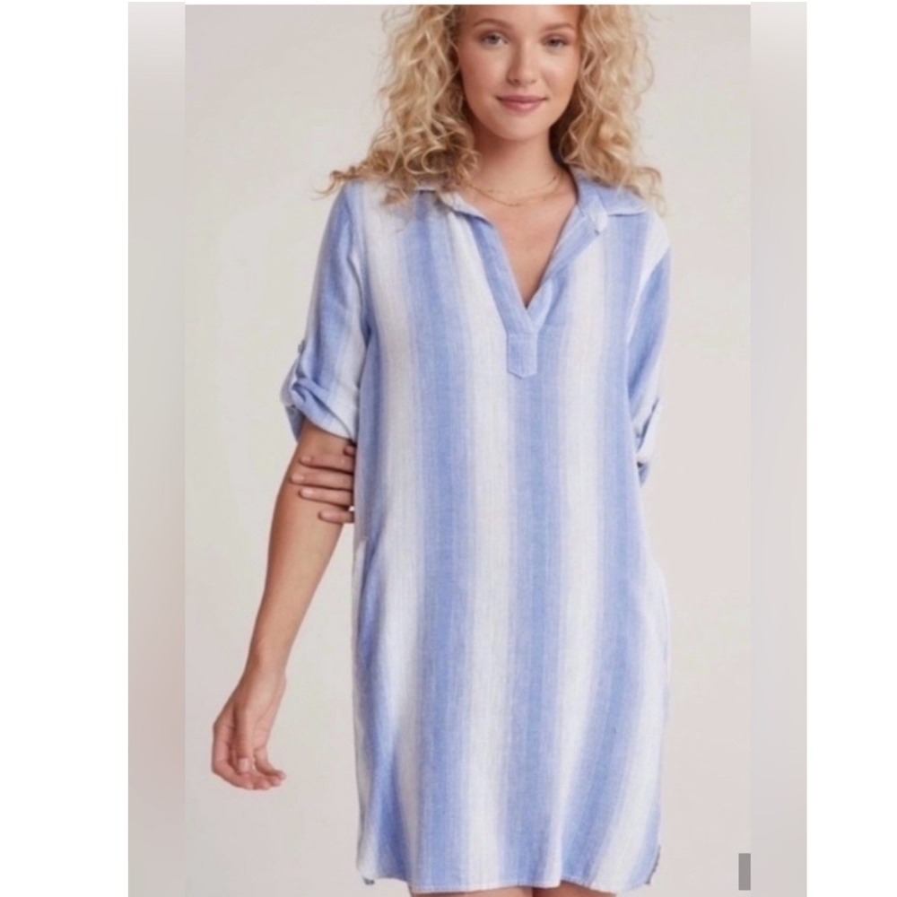 Bella Dahl Shirt Dress M Blue Striped Linen Blend Roll Tab Sleeve Coastal Boho